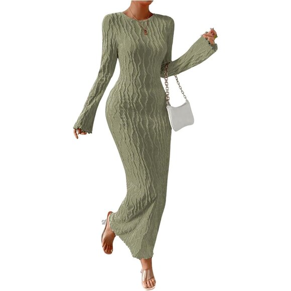 Dresses & Skirts - Women's Knit Maxi Dress Long Sleeve Backless Bodycon Fall Winter Green Large